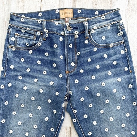 DRIFTWOOD Jackie Daisy Floral Embroidered Denim Blue Jeans Anthropologie 25 - Picture 4 of 10